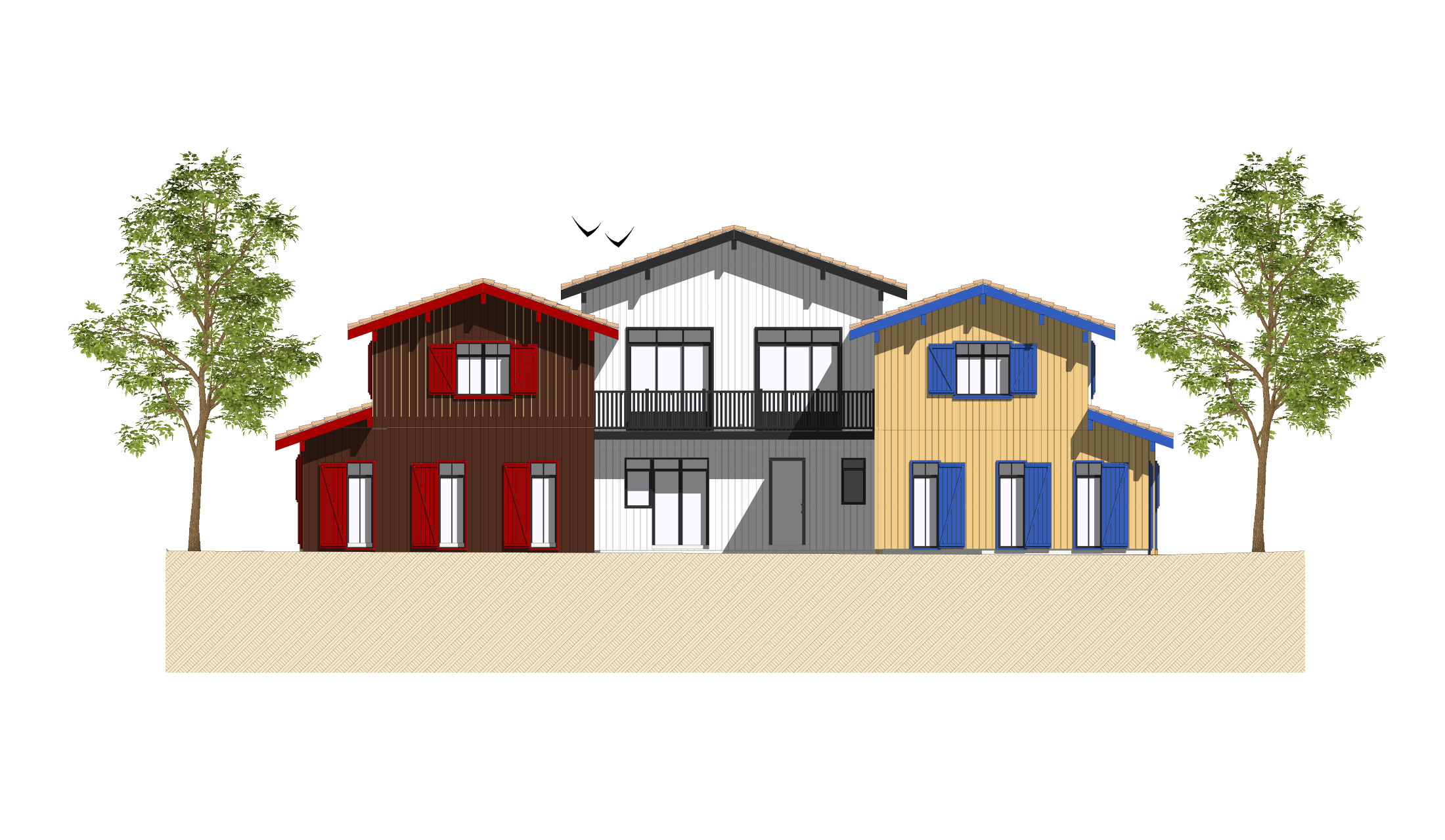 Façade Est des cabanes esprit bassin d'Arcachon à Cazaux