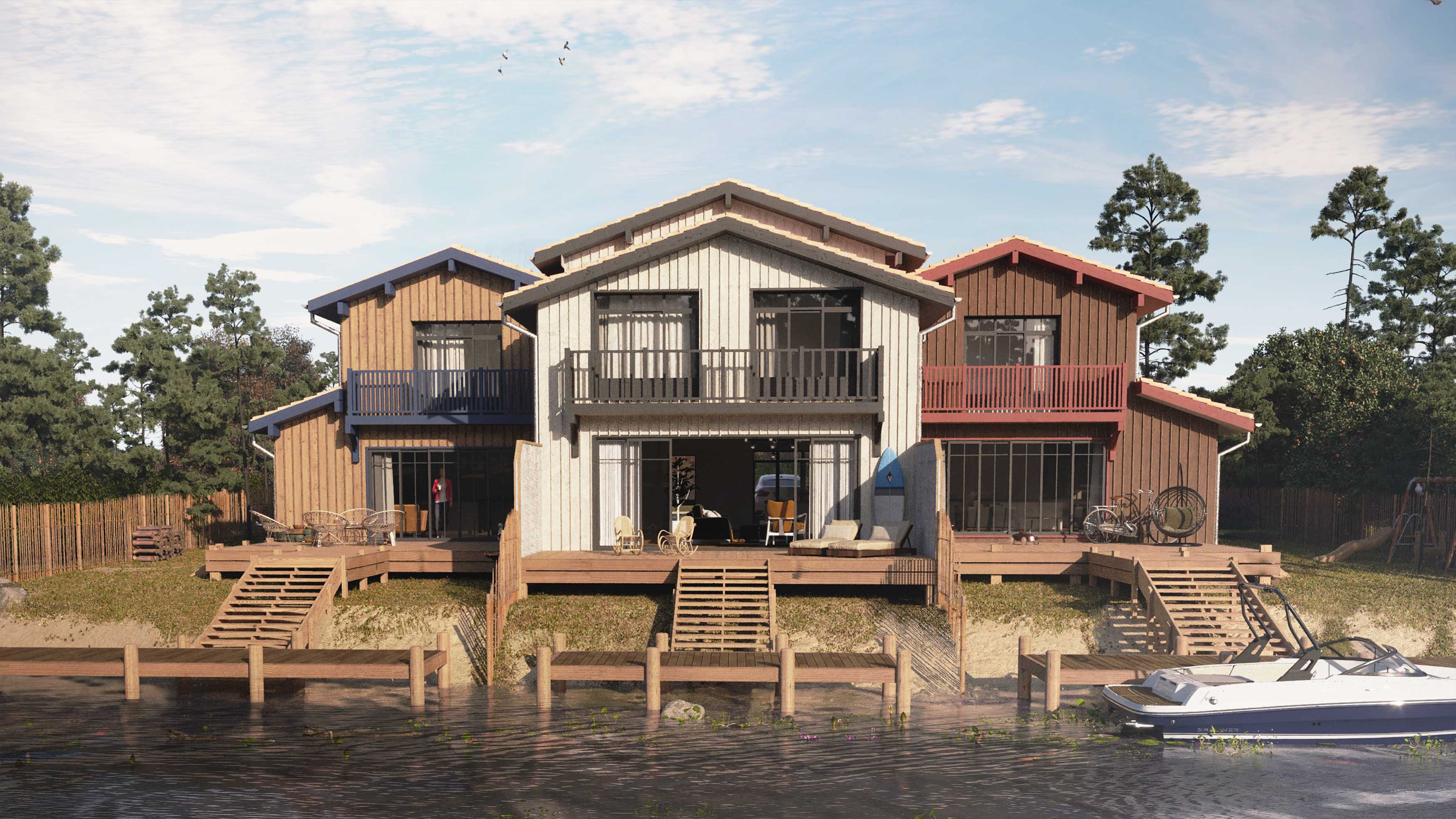 Vue 3D côté canal des cabanes esprit bassin d'Arcachon à Cazaux