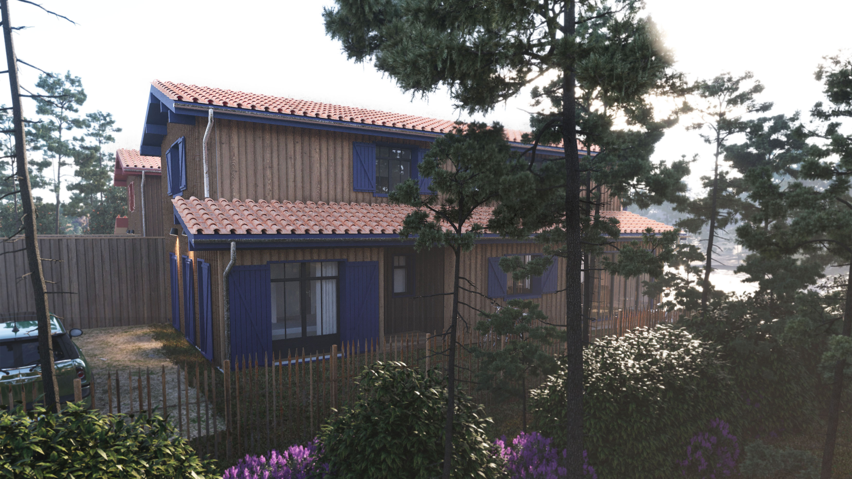 Vue 3D côté forêt des cabanes à Cazaux