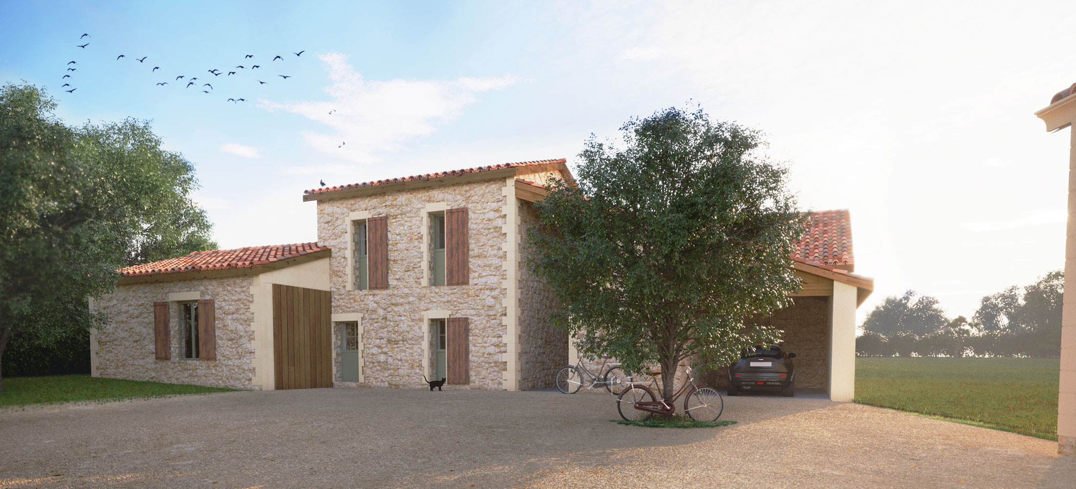 Vue 3D côté rue du chai viticole après travaux