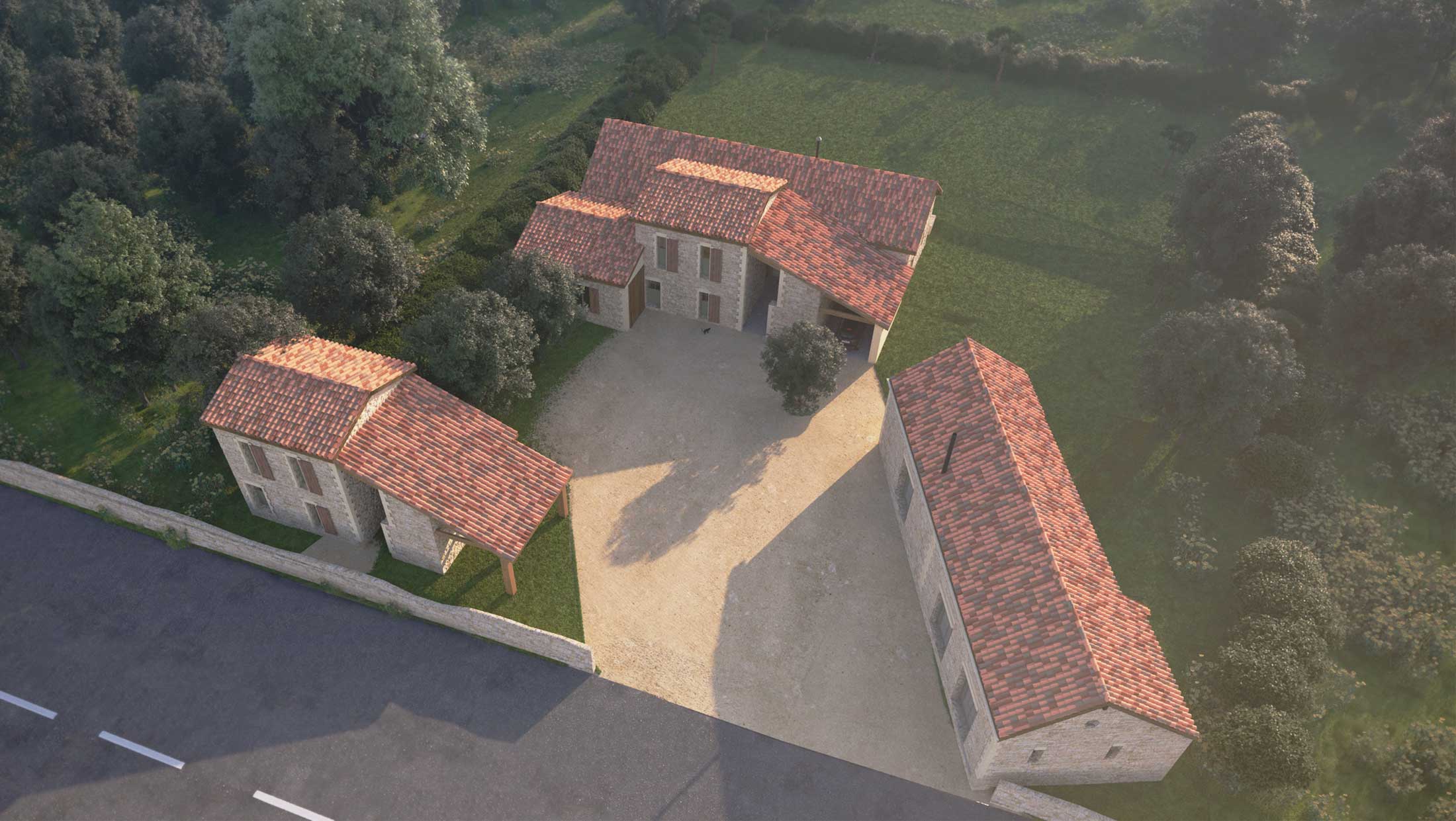 Vue 3D aérienne du chai viticole après travaux