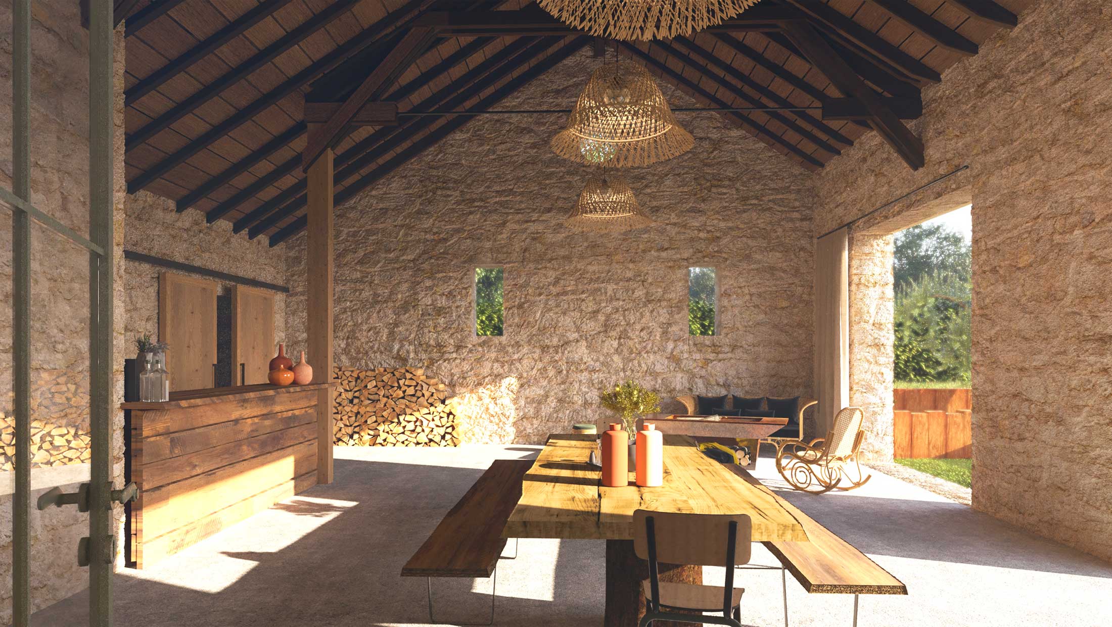 Vue 3D préau du chai viticole après travaux